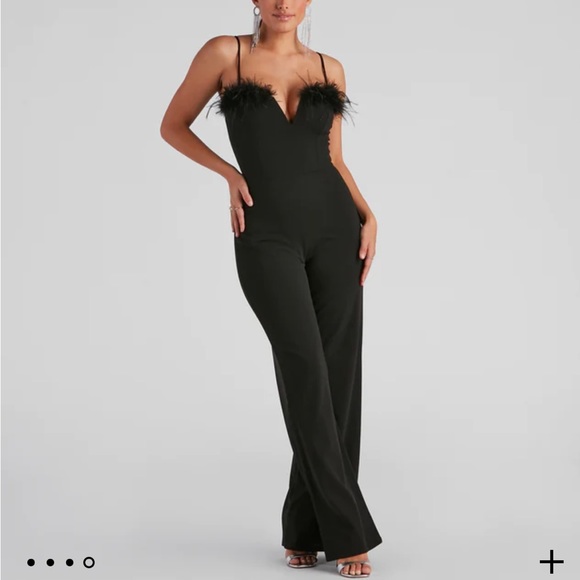Windsor Pants & Jumpsuits Windsor Jumpsuit With Feather Detailing And Plunge Neckline Poshmark